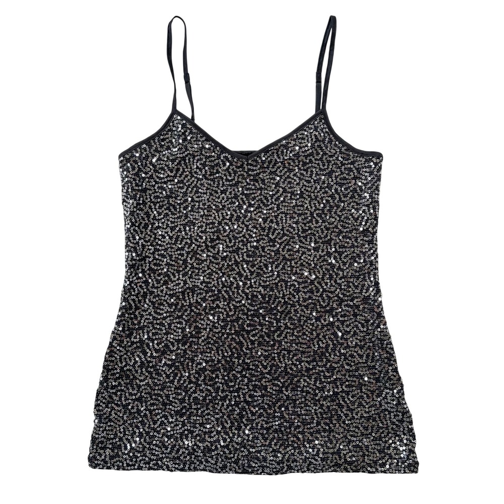 EXPRESS Womens Sparkle Sequin Cami Top Black Silver Strappy Size XS